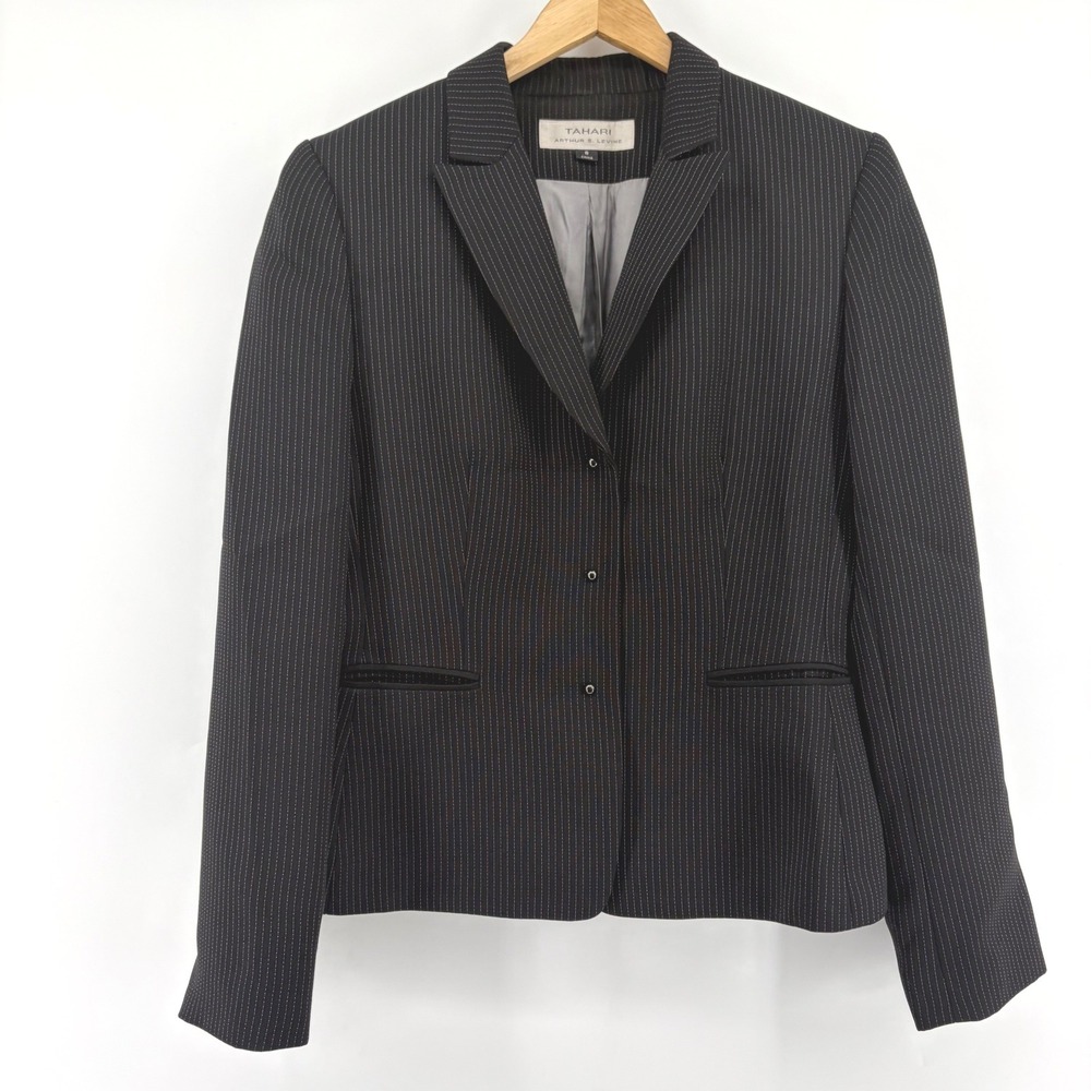 Tahari Arthur S Levine Womens Black Pinstripe Two Button Blazer Jacket Size 8 - Picture 1 of 9